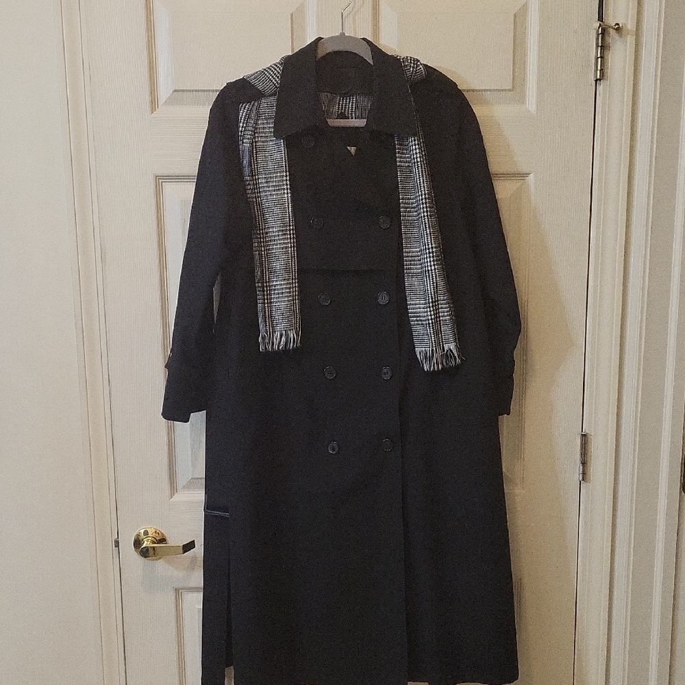 Lord & Taylor Black Double-Breasted Trench Coat with Plaid Scarf